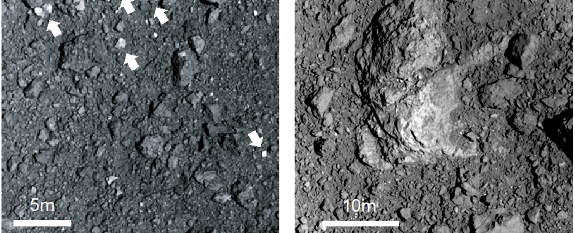High-resolution images of the bright boulders in Ryugu High-resolution images of the bright boulders (arrows) during Hayabusa2 proximity operations. Especially, the images obtained during the first touchdown operation (a-c) show much smaller bright fragments in regolith everywhere (adapted from Fig.1 in Tatsumi et al. 2021).