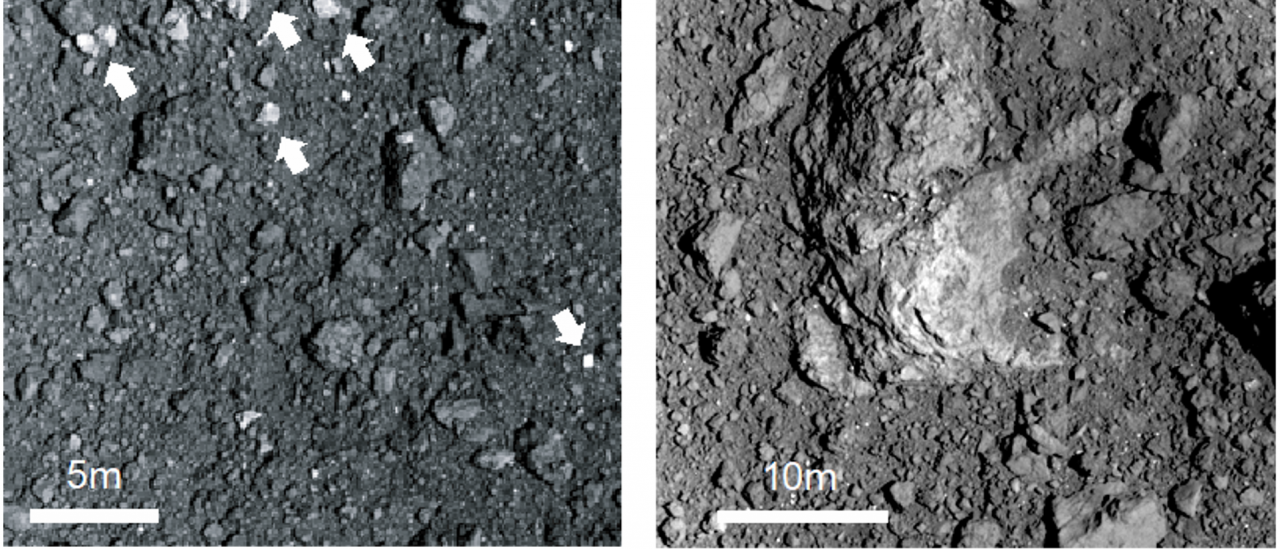 Imágenes de alta resolución de las rocas brillantes (flechas) durante las operaciones de proximidad de Hayabusa2. Las imágenes obtenidas durante la operación de la primera recogida de muestras (a-c) muestran fragmentos brillantes más pequeños dispersos por la superficie (adaptado de Figura 1 de Tatsumi et al. 2021).