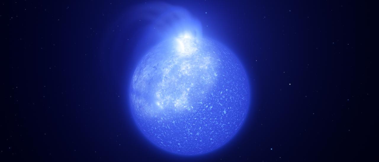 Representación artística de una estrella caliente plagada de manchas magnéticas gigantes (Credito: ESO/L. Calçada, INAF-Padua/S. Zaggia).