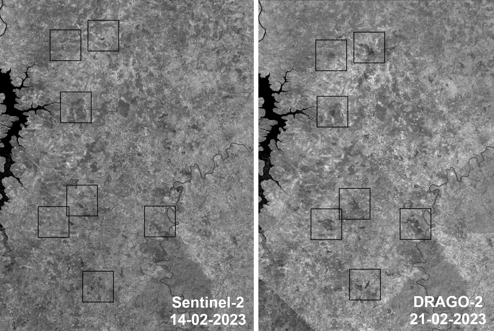 Comparación entre las imágenes de Sentinel-2 y DRAGO-2 que muestra la evolución de incendios y la generación de nuevos focos en Mali entre el 14 y el 21 de febrero de 2023. Los cuadrados marcan las zonas incendiadas. Crédito: IACTEC.