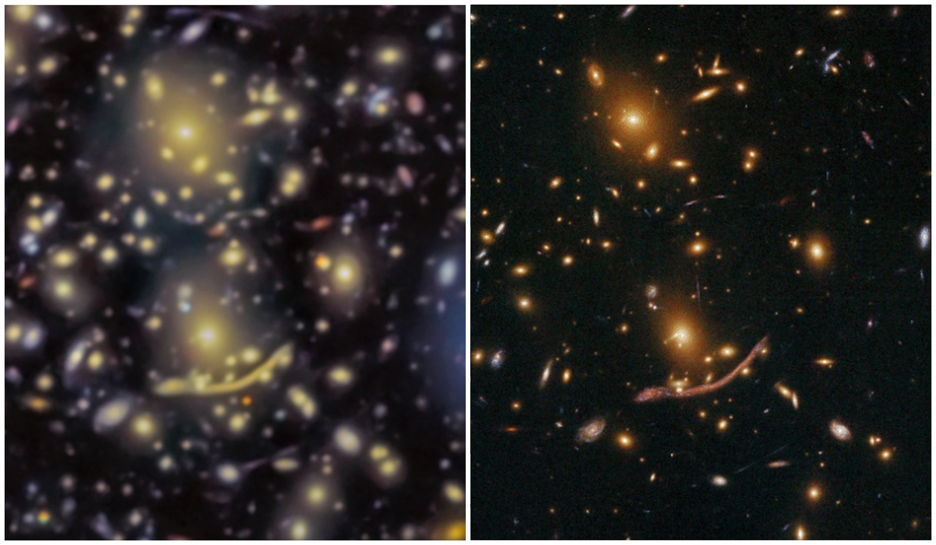 Esta imagen compara el centro del cúmulo visto por GTC (izquierda) y por Hubble (derecha). Los datos de Hubble tienen mejor resolución espacial debido a que no están afectados por las turbulencias de la atmósfera. Los datos de GTC son incluso más profundos, revelando la existencia de algunas galaxias hasta ahora desconocidas y no detectadas por Hubble. Crédito: GRANTECAN/HST.