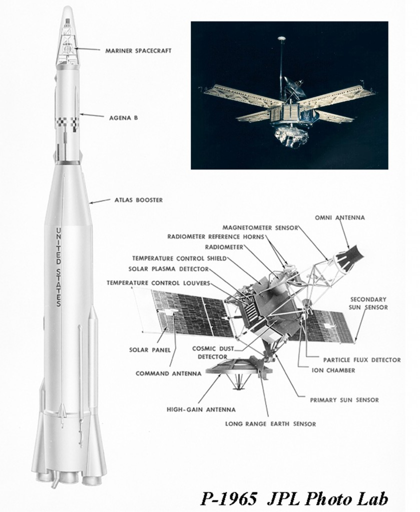 El cohete “Thor-Agena” de la NASA usado en el lanzamiento de la sonda Mariner 7 y diagrama de esta sonda con todos sus instrumentos, incluido el radiómetro infrarrojo en el que colaboró John Beckman. En margen superior derecho, la Sonda Mariner 7, tal y como iba a entrar en órbita alrededor de Marte. Créditos: NASA/JPL.