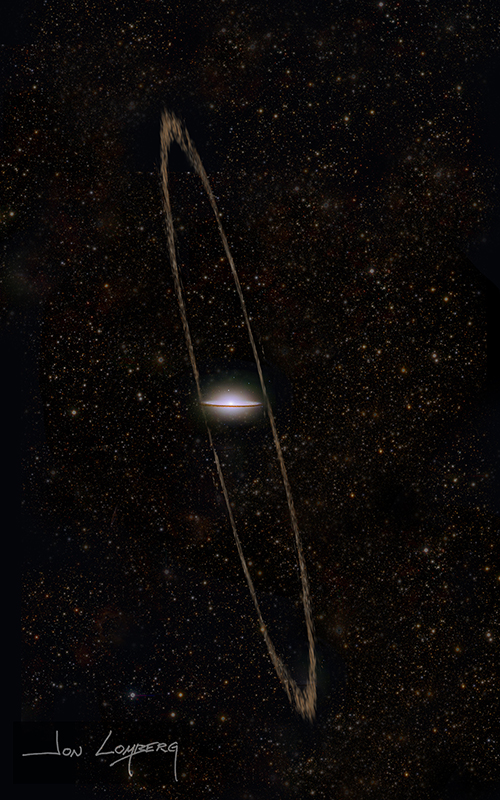 Concepción artística de la corriente de marea de la galaxia del Sombrero (M104). Crédito: Jon Lomberg para el Stellar Tidal Stream Survey.