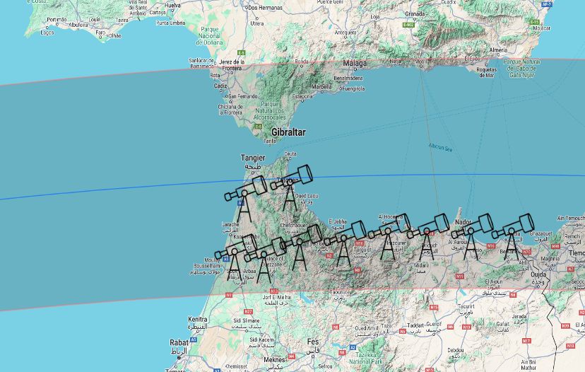 Estimated observation points for the solar eclipse on August 2, 2027, during the NATE experiment