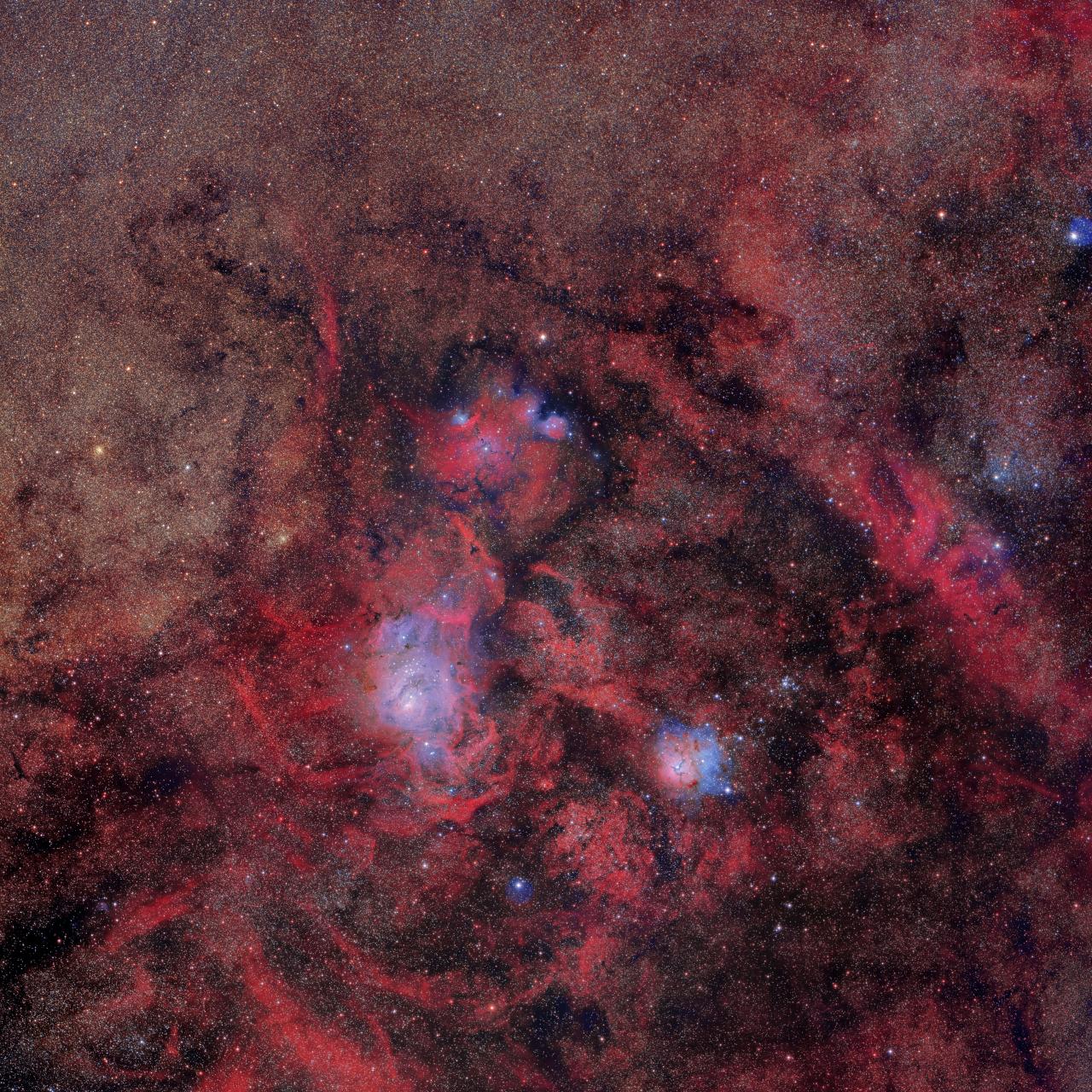 Star Formation Regions: Lagoon Nebulae (M8), Trifida (M20) and NGC6559