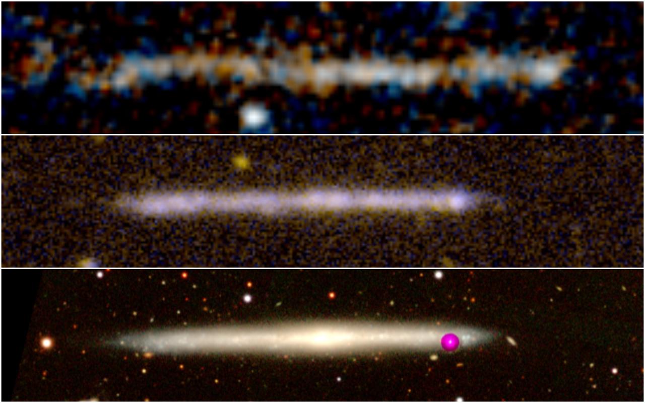 Comparison between a trail of stars and an edge-on galaxy IC5249