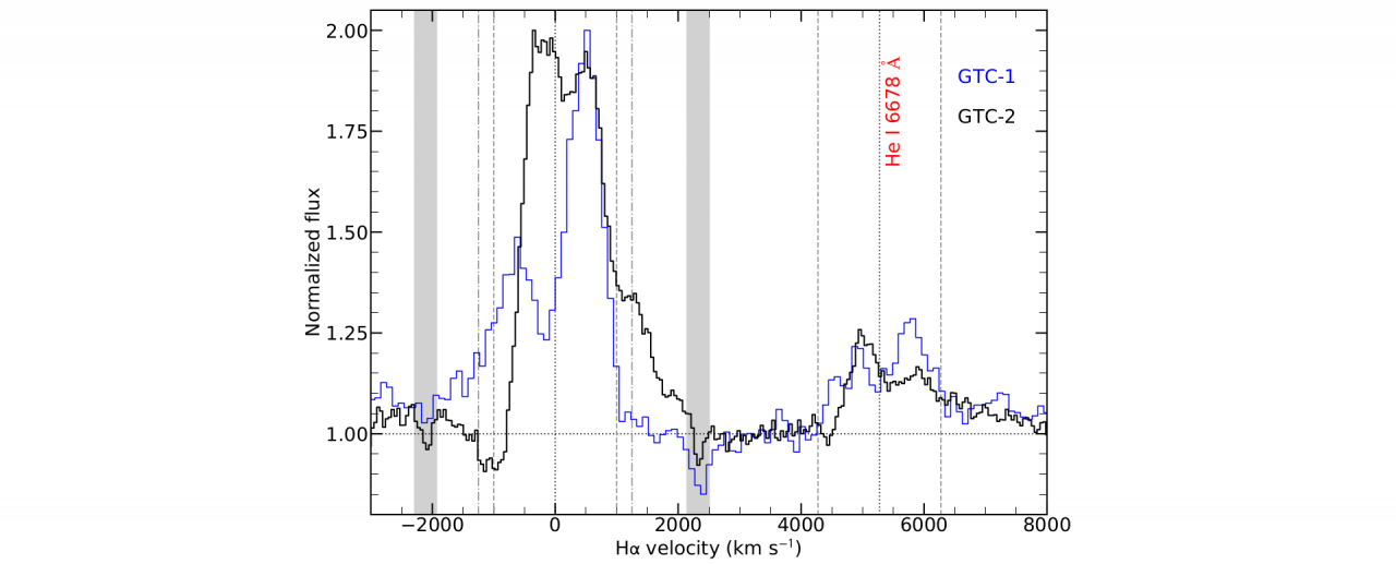Normalized spectra of the GTC-1 (blue) and GTC-2 epochs (black), both centered at Hα. Telluric bands and diffuse interstellar bands, as well as reference velocities (1000 km/s and 1250 km/s) have been marked to highlight the blue-shifted absorption produced by the wind.