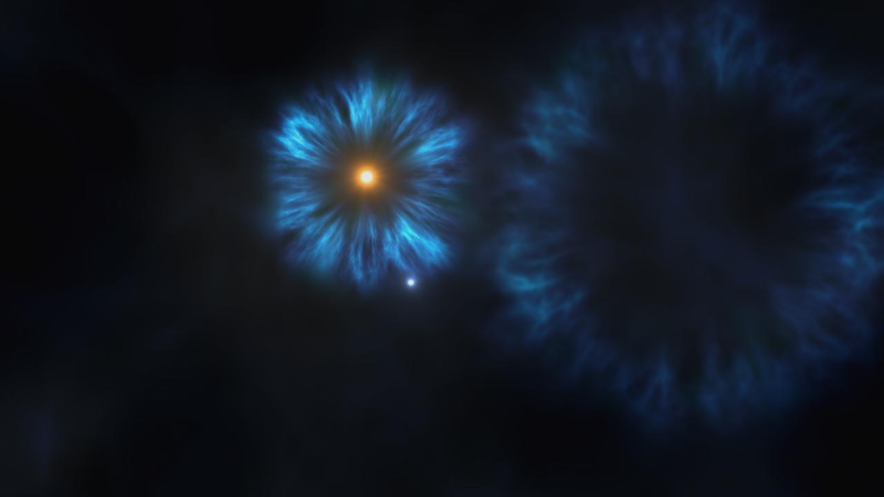 Artistic simulation of the formation of the first stars and the first supernovae.