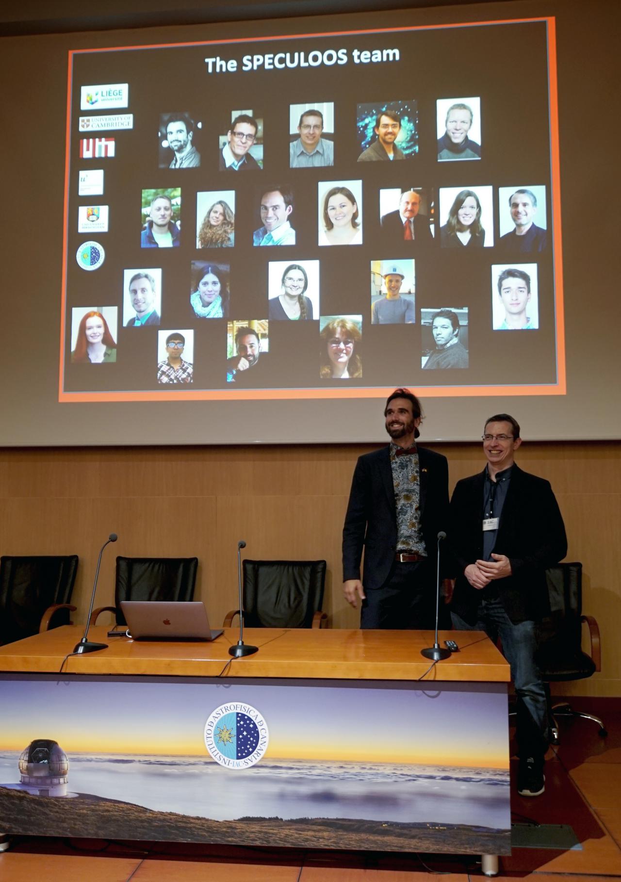 Michael Gillon and Julien de Wit, present the team that makes up the Speculoos telescope network, during the talks prior to the inauguration of Artemis. 