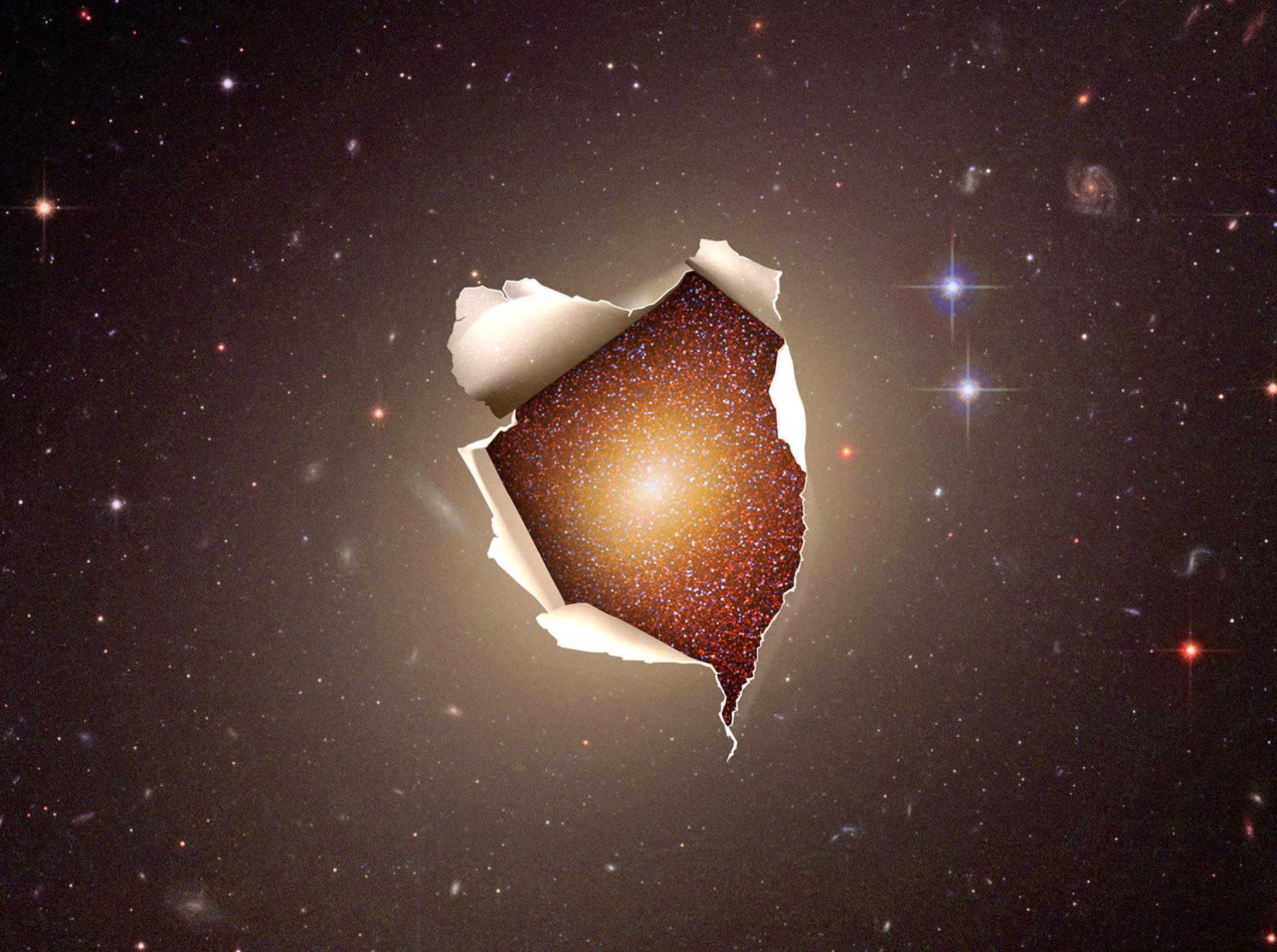 Pequeña fracción de estréllas jóvenes y azules en una galaxia elíptica. Impresión artística del descubrimiento de una pequeña fracción de estréllas jóvenes y azules en una galaxia elíptica con su mayoría de estrellas viejas y rojas. Se ha diseñado con una imagen de la NASA, ESA y The Hubble Heritage Team (STScI/AURA), con recurso de vectorpocket (Freepik). Crédito: Gabriel Pérez Díaz, SMM (IAC).
