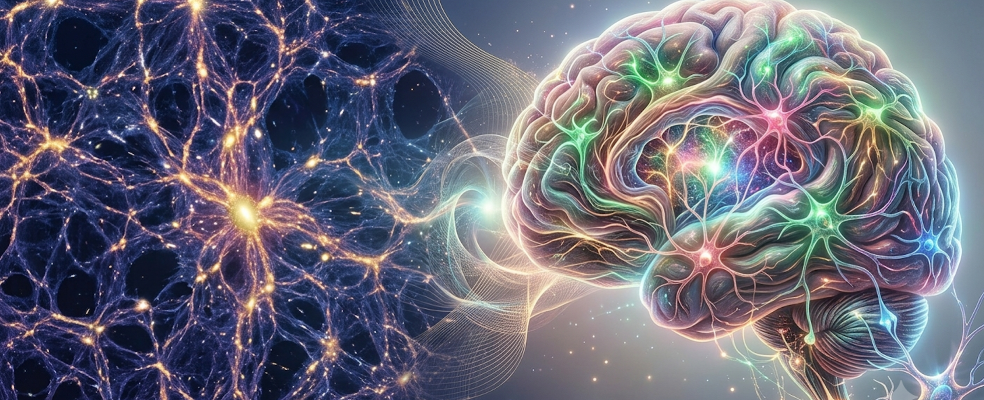 Esta imagen ilustra la sorprendente similitud estructural entre la red cósmica del universo (filamentos de galaxias) y la red neuronal del cerebro humano, sugiriendo una organización universal de sistemas complejos a diferentes escalas