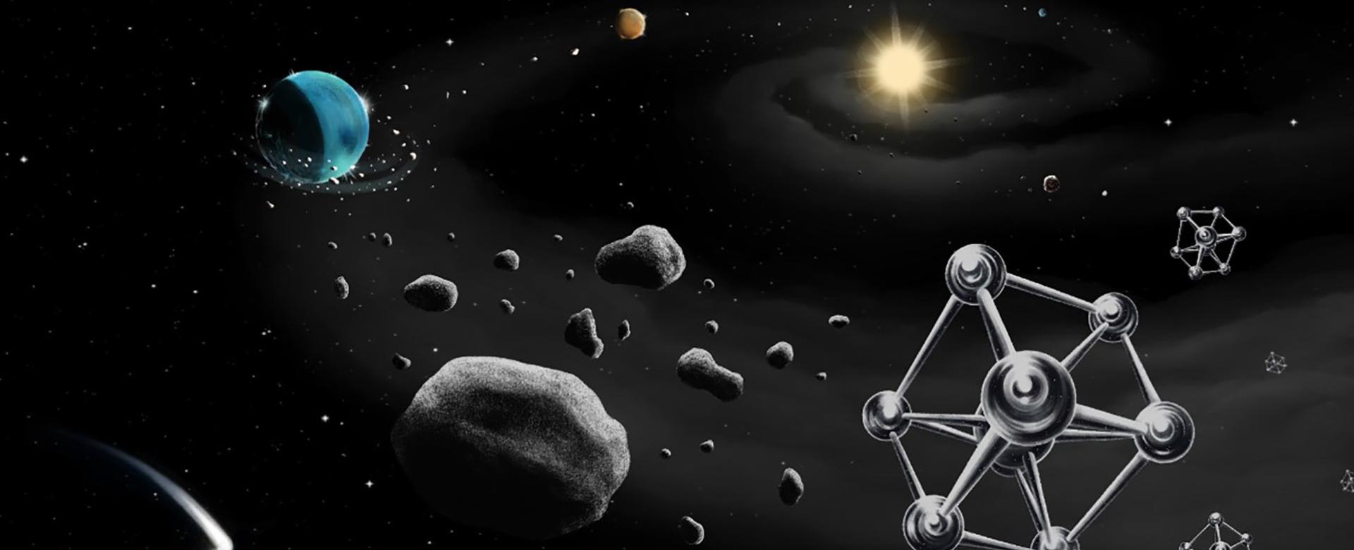 Illustration of the formation of a planet round a star similar to the Sun, with rocks and iron molecules, the basic components of planets, in the foreground. Credit: Tania Cunha (Planetário do Porto - Centro Ciência Viva & Instituto de Astrofísica e Ciências do Espaço). Illustration of the formation of a planet round a star similar to the Sun, with rocks and iron molecules, the basic components of planets, in the foreground. Credit: Tania Cunha (Planetário do Porto - Centro Ciência Viva & Instituto de Astrofísica e Ciências do Espaço).