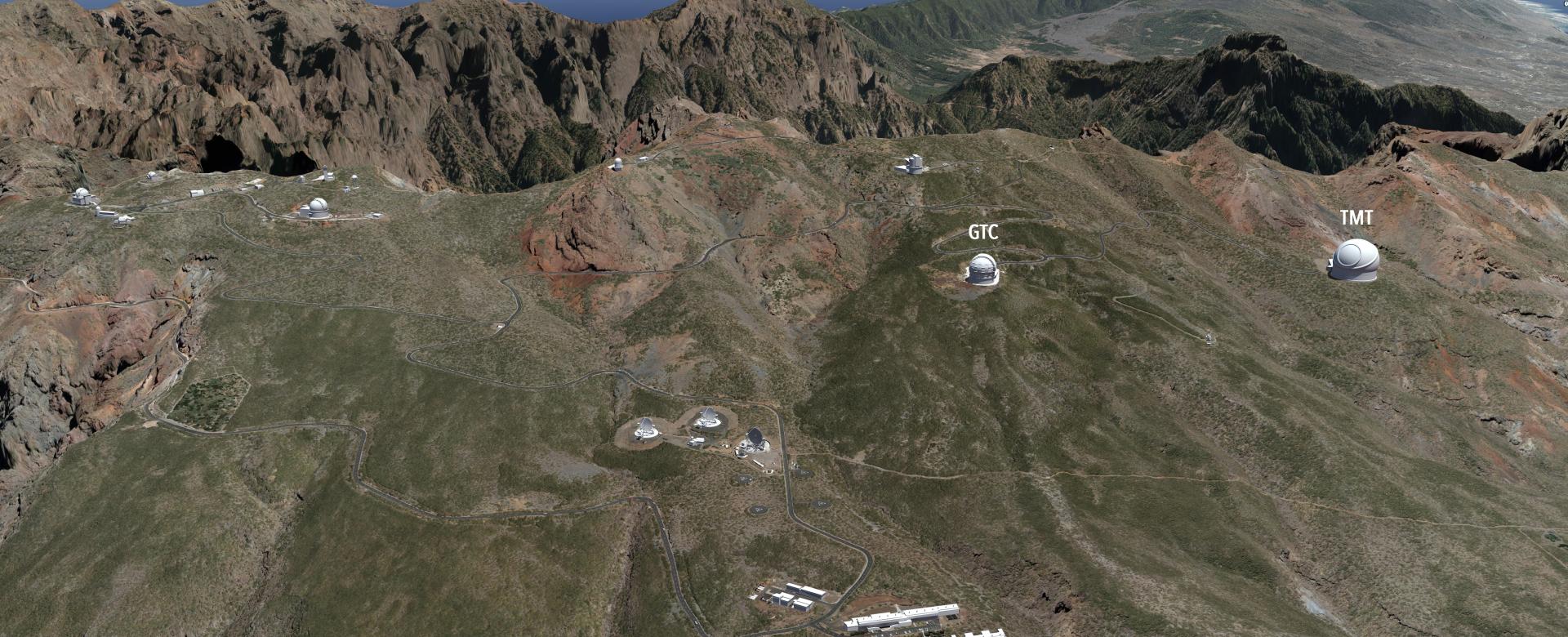 Artistic image of the Roque de los Muchachos Observatory, in La Palma, with the TMT and GTC identified Artistic image of the Roque de los Muchachos Observatory, in La Palma, with the TMT and GTC identified