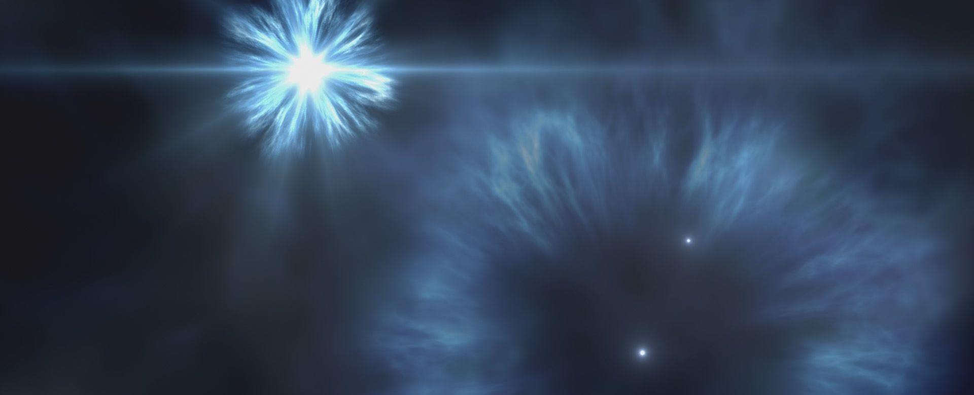 Artistic image of the supernova explosions of the first massive stars that formed in the Milky Way. The star J0815+4729 was formed from the material ejected by these first supernovae Artistic image of the supernova explosions of the first massive stars that formed in the Milky Way. The star J0815+4729 was formed from the material ejected by these first supernovae