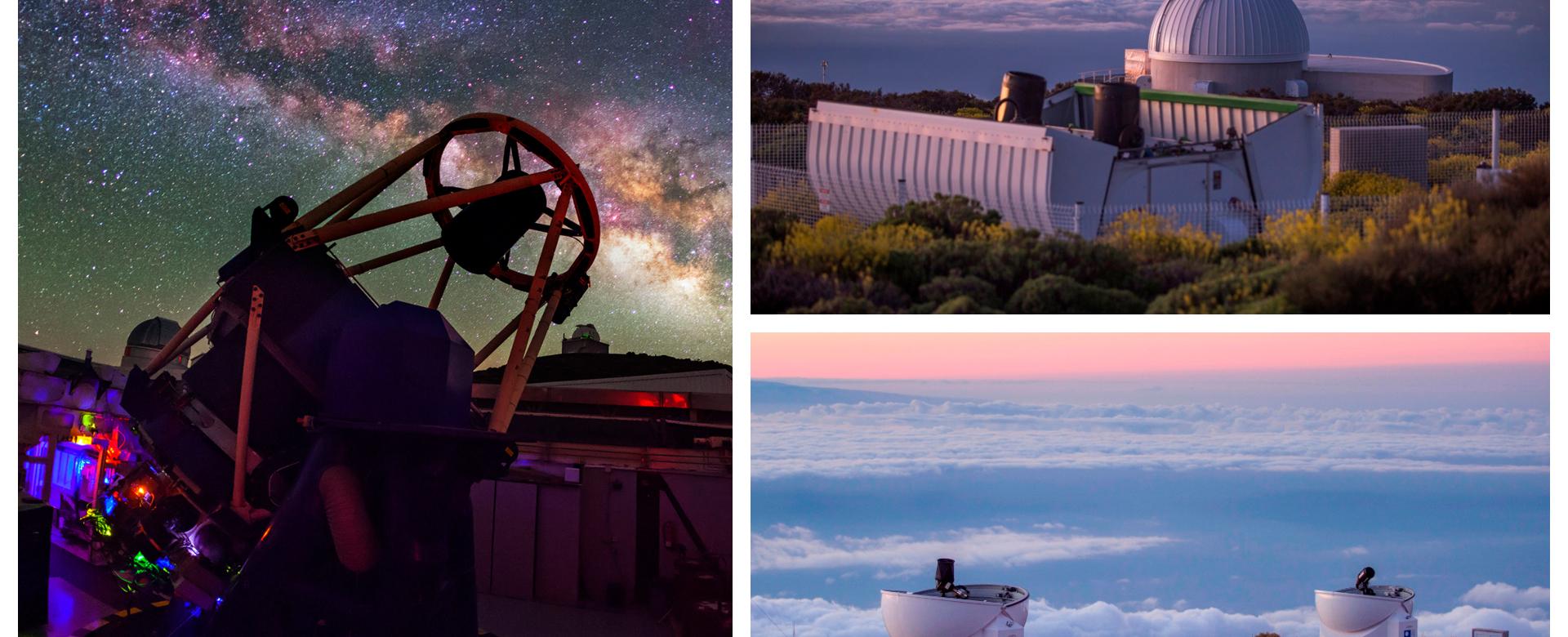 Telescopios robóticos de PETeR Telescopios robóticos disponibles en PETeR: Tel. Liverpool (en el ORM, La Palma), telescopios del Observatorio Las Cumbres y telescopios de la Open University (en el OT, Tenerife). Crédito: Daniel López / IAC
