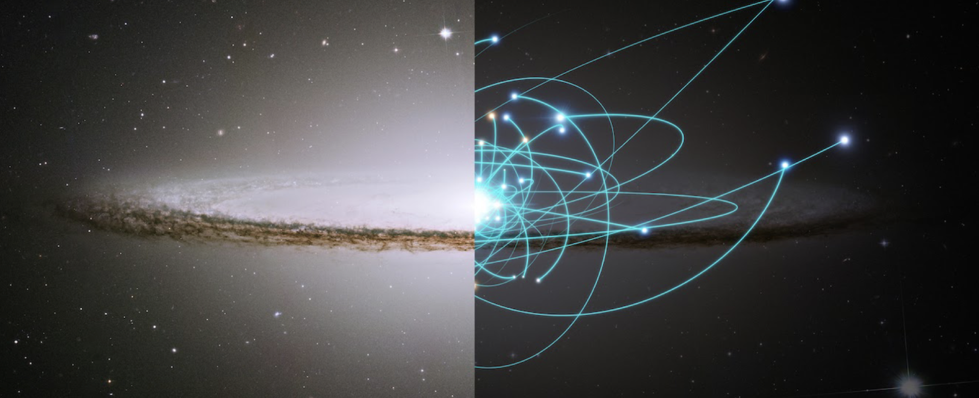Ilustración artística que combina una imagen real de una galaxia con la representación de las órbitas estelares en su interior, para mostrar cómo el estudio de los movimientos de las estrellas permite reconstruir la historia de las galaxias Ilustración artística que combina una imagen real de una galaxia con la representación de las órbitas estelares en su interior, para mostrar cómo el estudio de los movimientos de las estrellas permite reconstruir la historia de las galaxias