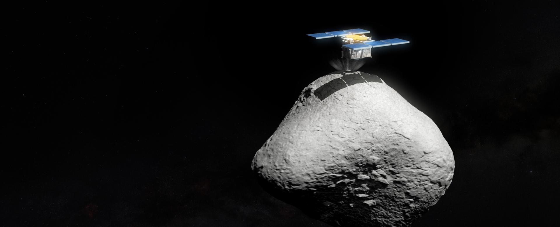 Representación artística de la misión espacial japonesa Hayabusa2 aterrizando en la superficie del asteroide 1998 KY26. Representación artística de la misión espacial japonesa Hayabusa2 aterrizando en la superficie del asteroide 1998 KY26.