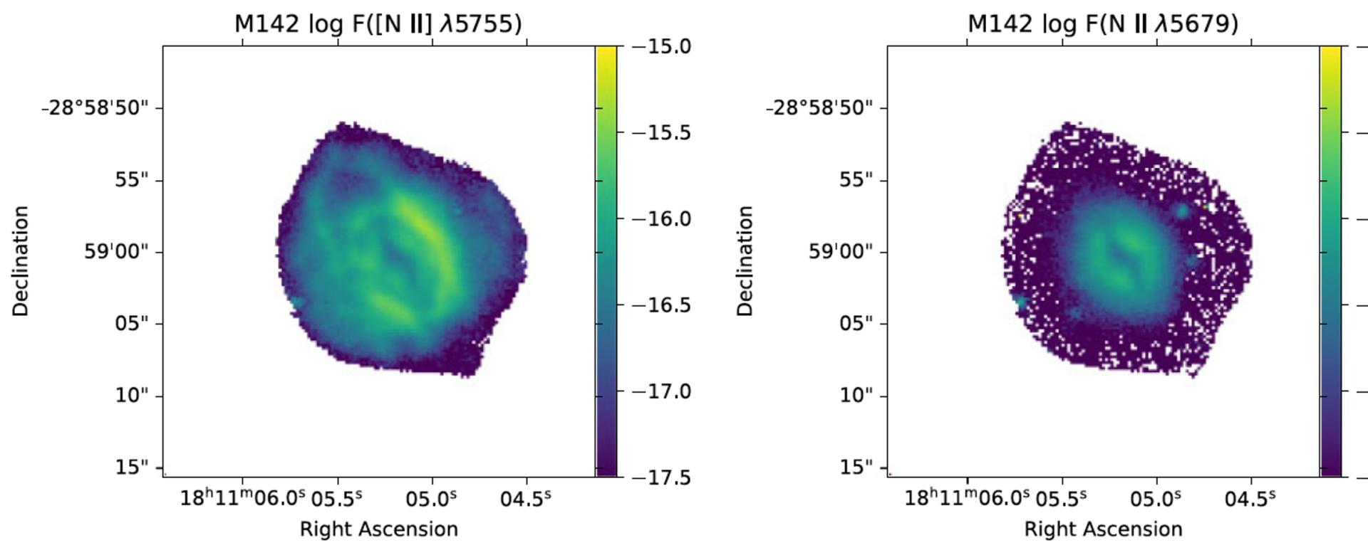 Left panel: spatial distribution of the auroral [N II] λ5755 emission line in the PN M 1-42 prior to applying the recombination contribution. Middle panel: spatial distribution of the N II λ5679 recombination line. Right panel: same as left panel after applying the recombination contribution correction.