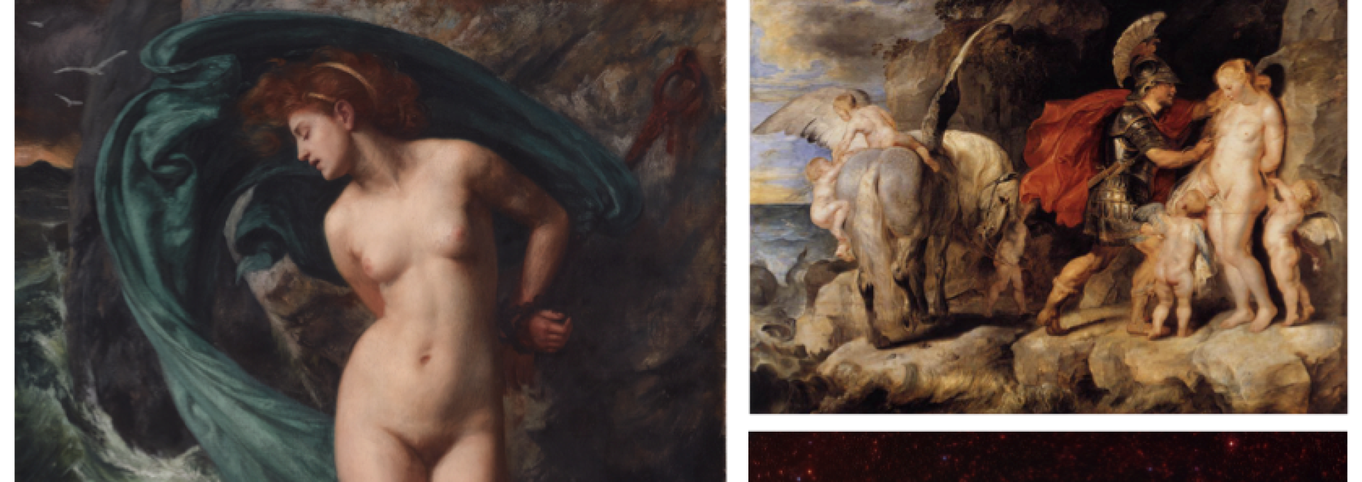 A la izquierda, Andrómeda (1869), de Edward Poynter. Arriba a la derecha, Perseo liberando a Andrómeda (1607), de Rubens. Abajo, a la derecha, la galaxia de Andrómeda, también conocida como M 31 o NGC 224. Crédito: Daniel López/IAC.