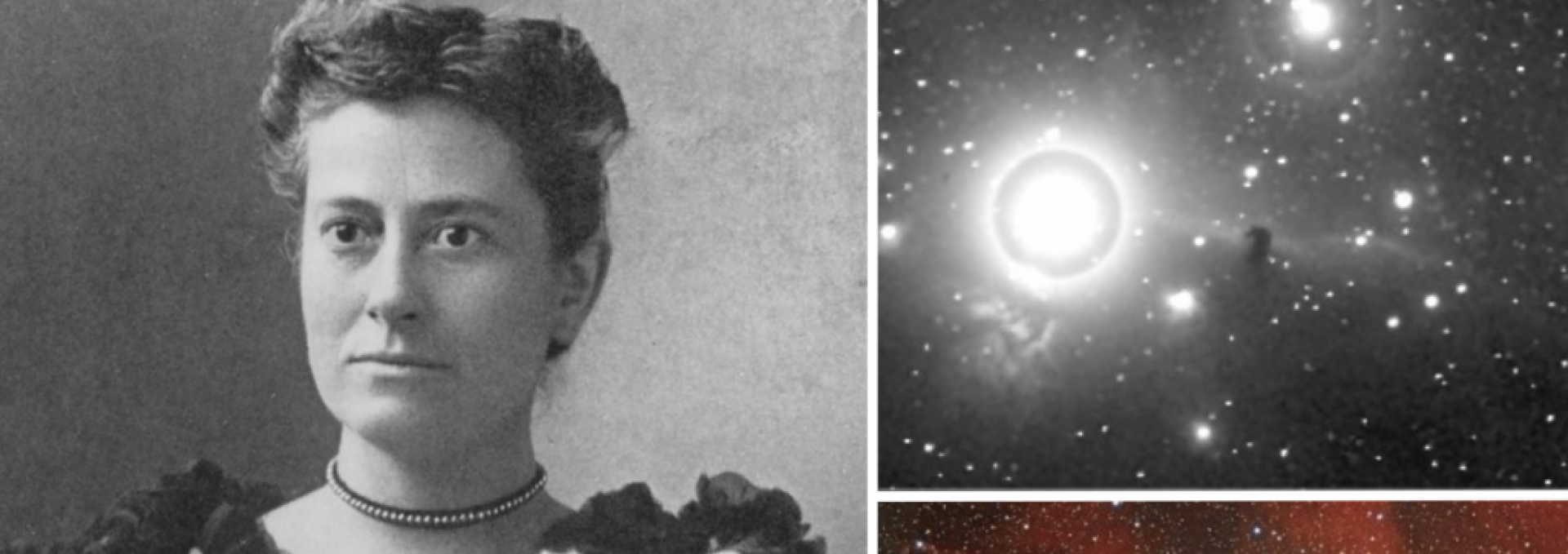 “Williamina Fleming hacia 1890 junto al sector de la placa, de 1888, en la que por primera vez identificó la nebulosa Cabeza de Caballo y una toma reciente del mismo campo (grupo de astrofotografía del IAC, 2012)”