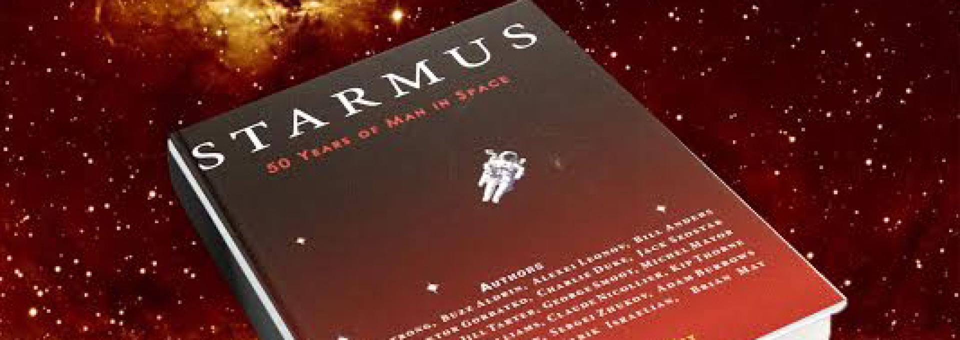 Montaje artístico con la portada del libro STARMUS, 50 Years of Man in Space, editado por Garik Israelian y Brian May, sobre una imagen astronómica del IAC obtenida con el telescopio IAC-80 en el Observatorio del Teide y en la que se aprecian las regiones de hidrógeno ionizado (HII) alrededor del objeto Herbig-Haro HH 163. Crédito de la foto: Pablo Rodríguez-Gil y Pablo Bonet (IAC).