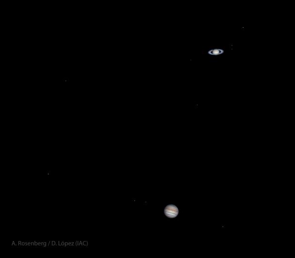 Imagen de la conjunción entre Júpiter y Saturno obtenida el 21 de diciembre tras la puesta de Sol desde el Observatorio del Teide del Instituto de Astrofísica de Canarias (IAC). Crédito: Daniel López y Alfred Rosenberg/IAC. Imagen de la conjunción entre Júpiter y Saturno obtenida el 21 de diciembre tras la puesta de Sol desde el Observatorio del Teide del Instituto de Astrofísica de Canarias (IAC). Crédito: Daniel López y Alfred Rosenberg/IAC.