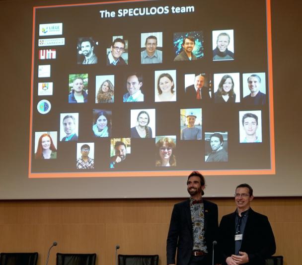 Michael Gillon and Julien de Wit, present the team that makes up the Speculoos telescope network, during the talks prior to the inauguration of Artemis. 