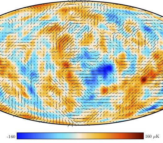 Map of intensity and polarisation fluctuations of the Cosmic Microwave Background (CMB) provided by the Planck satellite. 