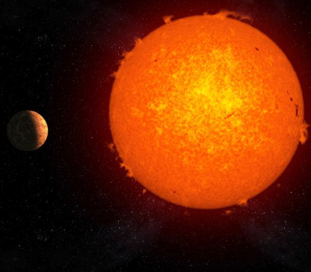 Representación artística del exoplaneta rocoso Próxima b orbitando su estrella.