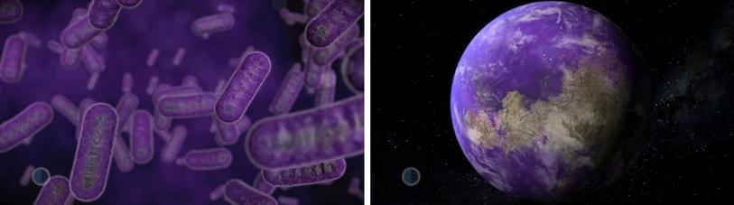 Visión artística de las bacterias púrpuras y de su presencia en los océanos de la Tierra. Crédito: Gabriel Pérez, SMM (IAC).