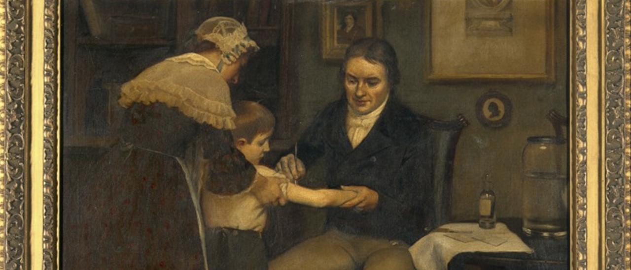 Cuadro que muestra a Edward Jenner, realizando su primera vacunación en James Phipps, un niño de 8 años, el 14 de mayo de 1796. Pintura de Ernest Board (1877-1934). 