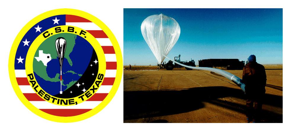A la izquierda, logo de la CSBF (Columbia Scientific Ballon Facility) de la NASA, base para el lanzamiento a gran altitud de globos con fines científicos. A la derecha, inflando uno de esos globos. Créditos: NASA.