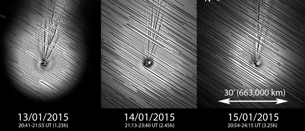 Figura 1.- Formación de chorros (o jets) en el interior de la coma del cometa Lovejoy. Las distintas imágenes son una combinación de una imagen directa (telescopio ASA12N-DDM85, cámara FLI PL 16803 -4k- y sin filtro, Observatorio del Teide, IAC) y una imagen tratada con un filtro Laplaciano para resaltar e identificar los chorros nucleares.