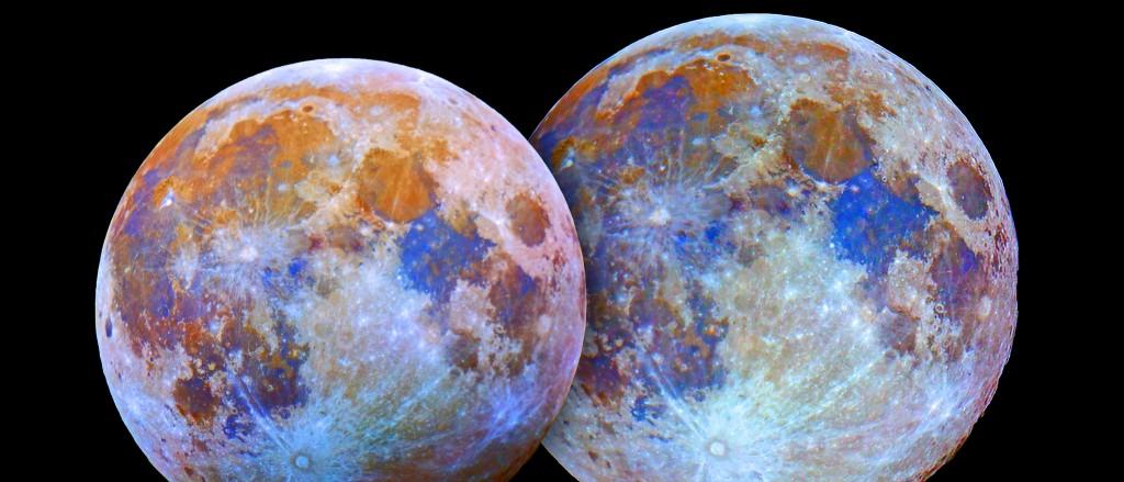 Tamaños aparentes de la superluna del 10 de agosto de 2014 (derecha) y la luna llena del 18 de octubre de 2013 (izquierda). Autor J.C. Casado-starryearth (http://tierrayestrellas.com/).