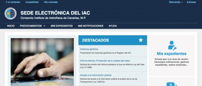 Captura de pantalla de la Sede Electrónica del IAC.