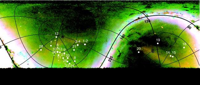 Distant Milky Way halo giants marked on a Pan-STARRS1 map. Location of our targets overlaid on a RGB rendering of the distribution of Milky Way halo stars. Credit: Giuseppina Battaglia