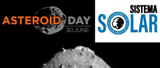 Ryugu asteroid. Poster to illustrate the activities that the Solar System group of the IAC carries out on the Asteroid Day. Background image credit: JAXA.