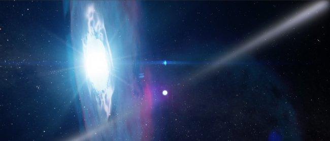 The PSR J2032+4127 pulsar at the moment of maximum approach to the MT91 213 star, a blue star with a disk of matter around it. Credit: NASA’s Goddard Space Flight Center