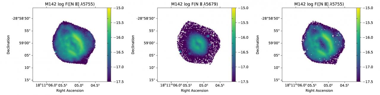 Izquierda: distribución espacial de la línea de emisión auroral [N II] λ5755 en la NP M 1-42 antes de aplicar la contribución de recombinación. Centro: distribución espacial de la LR N II λ5679. Derecha: igual que el panel de la izquierda pero tras aplicar la corrección de la contribución por recombinación.