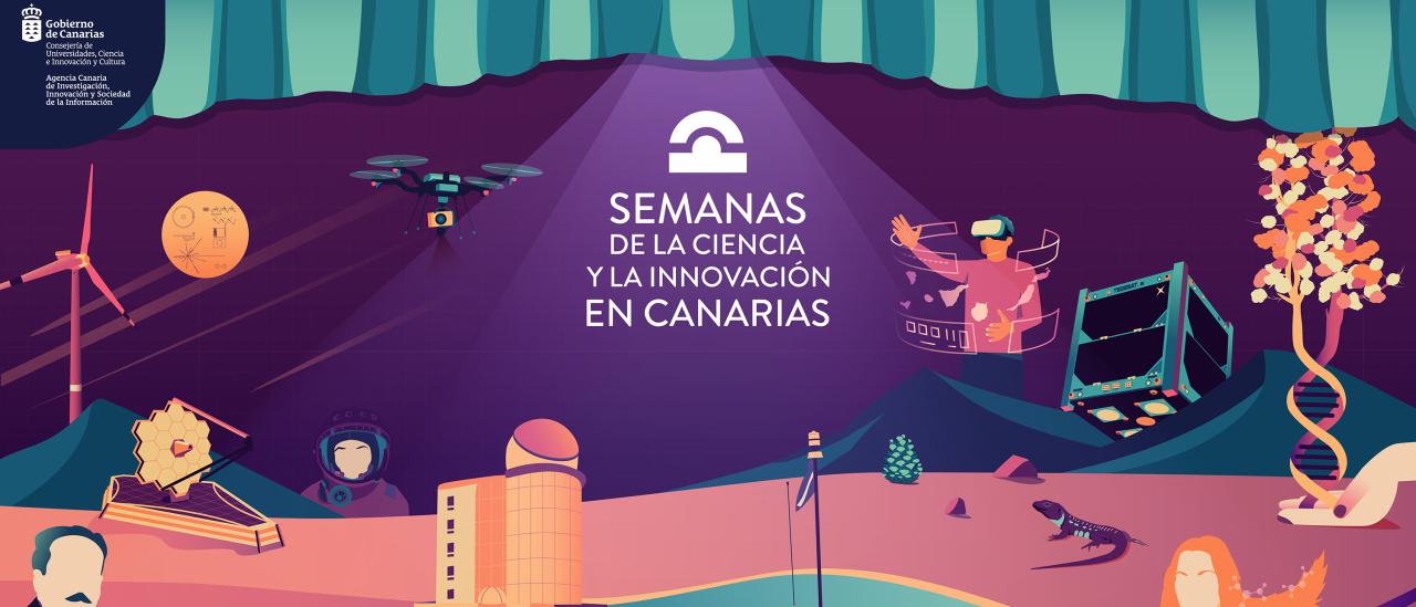 Cartel que muestra varios objetos científicos y tecnológicos, como satélites, telescopios, moléculas de ADN y la tabla periódica sobre un paisaje volcánico