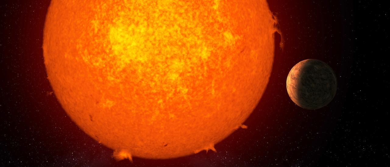 Representación artística del exoplaneta rocoso Próxima b orbitando su estrella