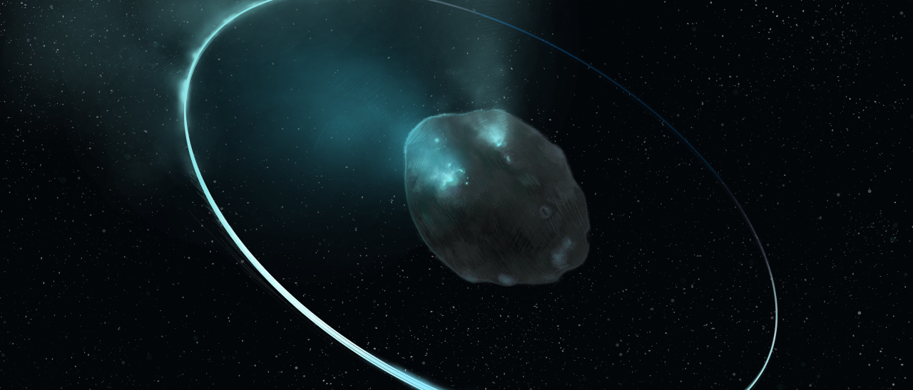 Artist's rendering of 2060 Chiron, an active centaur, surrounded by a faint debris disk. Bright ice deposits and active zones are visible on its surface. Credits: William D. Gonzalez Sierra of the Florida Space Institute
