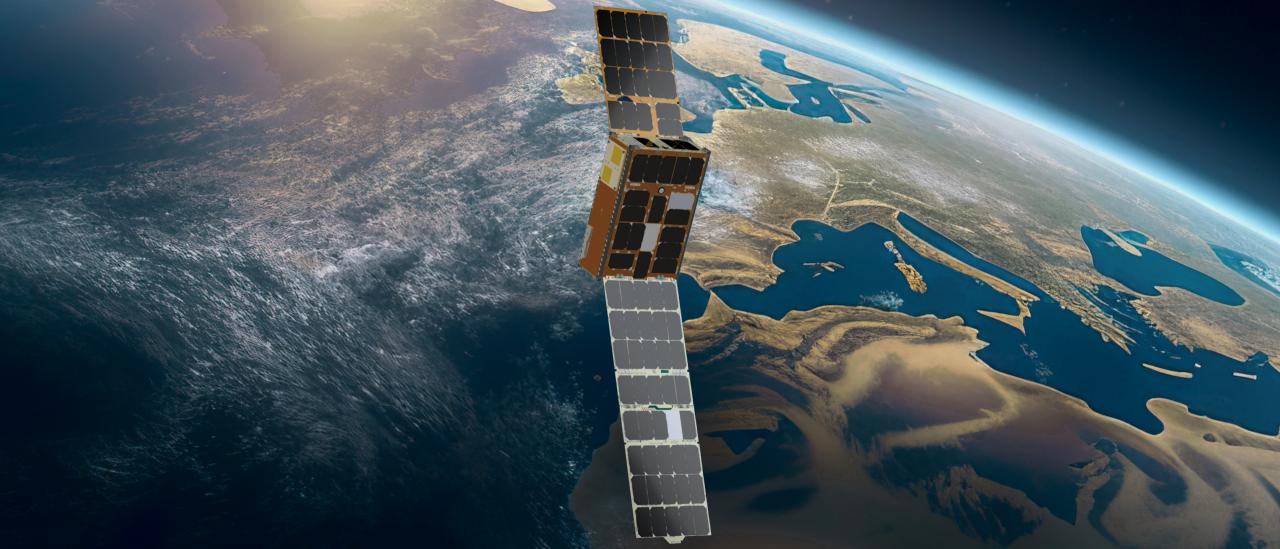 Representación del satélite ALISIO-1 en el espacio. Crédito: IACTEC-Espacio.