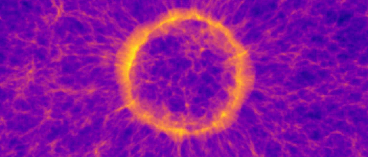 Artist’s impression of the accoustic oscillations of normal (“baryonic”) matter, taken from one of thousands of simulations used in the study/ Francisco-Shu Kitaura & Francesco Sinigaglia