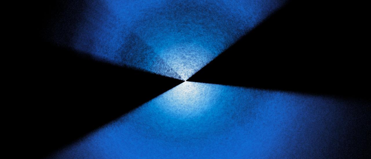 Dos abanicos con lunares azules y blancos que se extienden hacia arriba y hacia abajo desde el centro sobre un fondo negro.