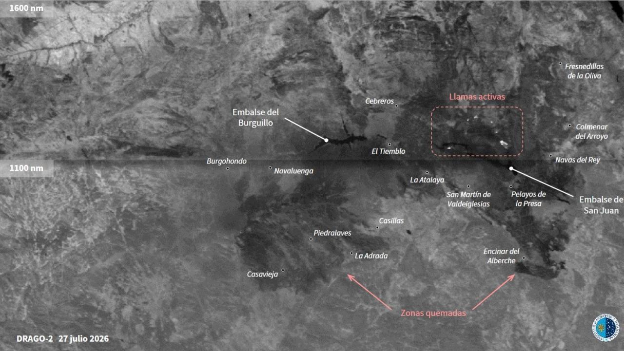 Imagen en escala de grises de DRAGO-2 con dos bandas SWIR, puntos brillantes de llamas activas y zonas quemadas oscuras.