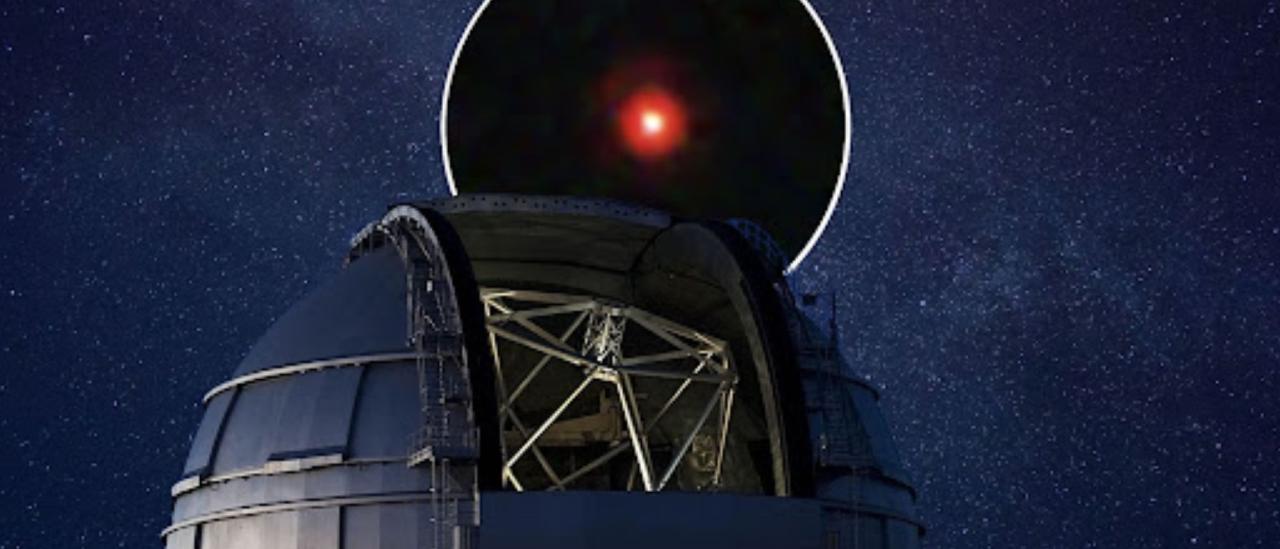 Artist's impression of the Gran Telescopio Canarias observing a Little Red Dot. Image credits: NASA, ESA, CSA, STScI, Dale Kocevski (Colby College). Composition: Gabriel Pérez Díaz (IAC).