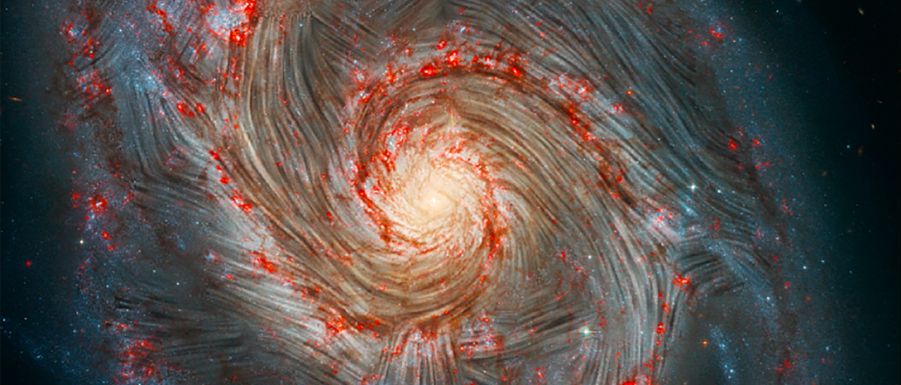 The lines of flow of the magnetic field detected with SOFIA are shown superposed on an image of the Whirlpool Galaxy (M51), by NASA’s Hubble Space Telescope. Credits: NASA, the SOFIA science team, A. Borlaff; NASA, ESA, S. Beckwith (STScI) and the Hubble Heritage Team (STScI/AURA).