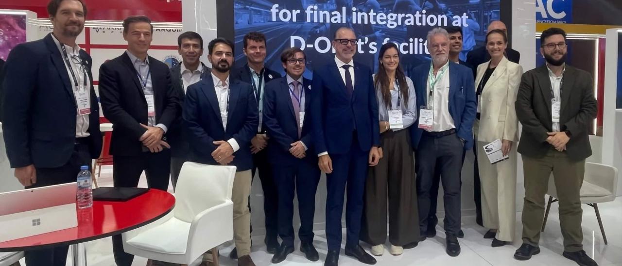 Spanish representatives posing with Josef Aschbacher, Director General of ESA, at the Spanish Pavilion during the International Astronautical Congress 2026 in Antalya.