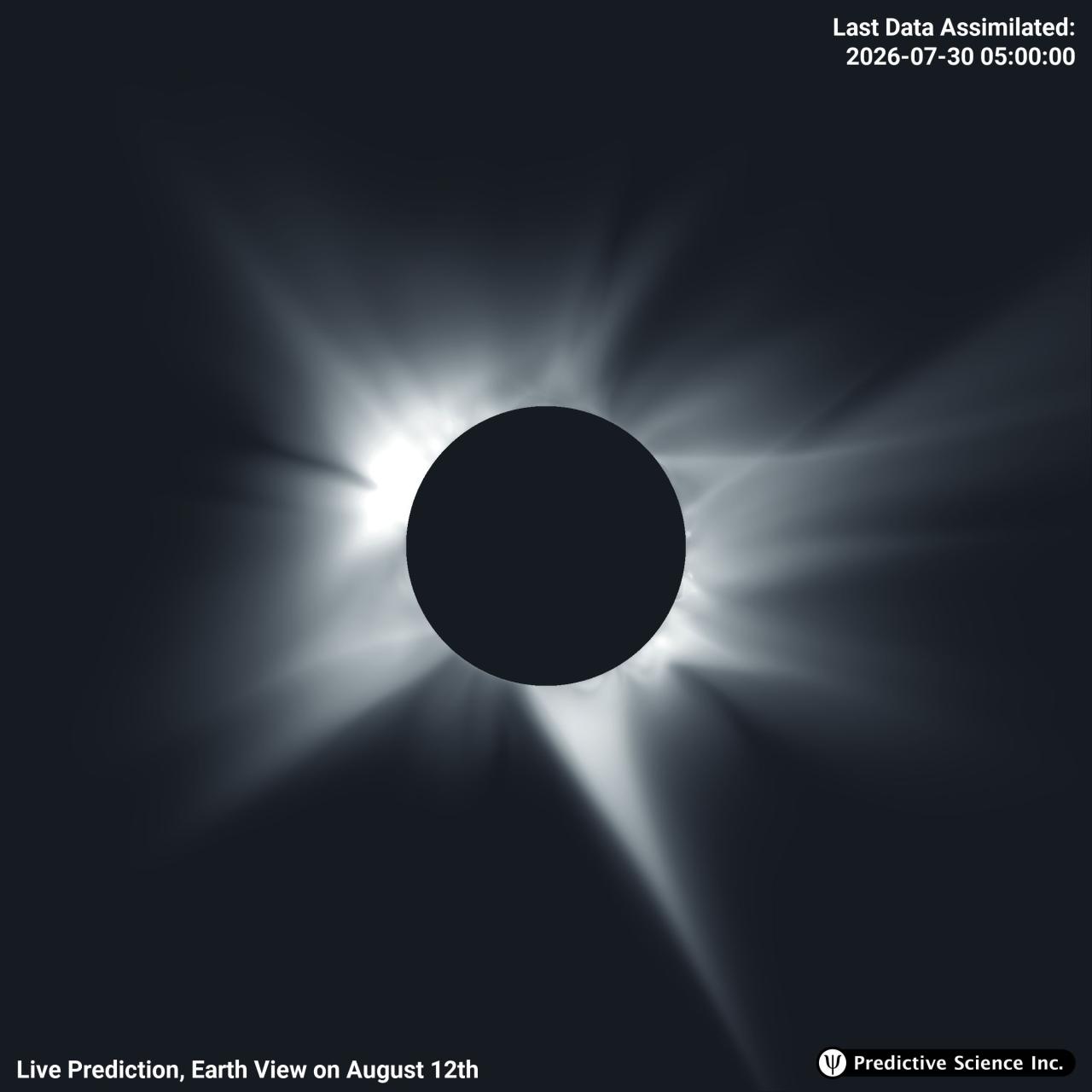 Simulation of the solar corona predicted for the August 12 eclipse, calculated using the La Palma supercomputer for the location of Palencia. Credit: IAC / Predictive Science Inc. (PSI).